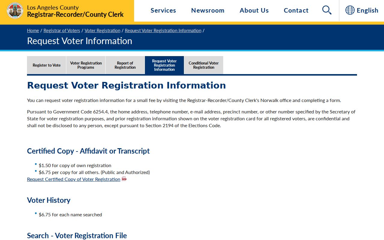 La Puente voter registration information request page from Los Angeles County