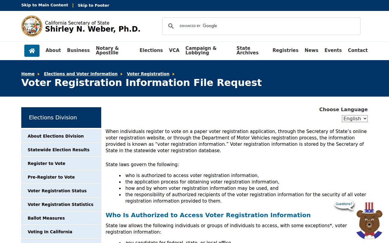 La Puente voter registration file use rules on the California Secretary of State page